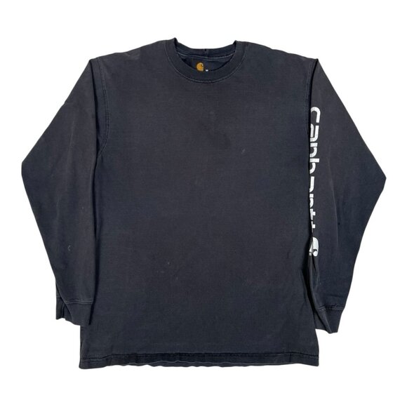 Vintage Carhartt Black Long Sleeve T-Shirt Size Medium Sleeve Spell Out Faded - Picture 1 of 9